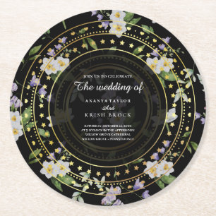 Black and Gold Floral,  Round Paper Coaster