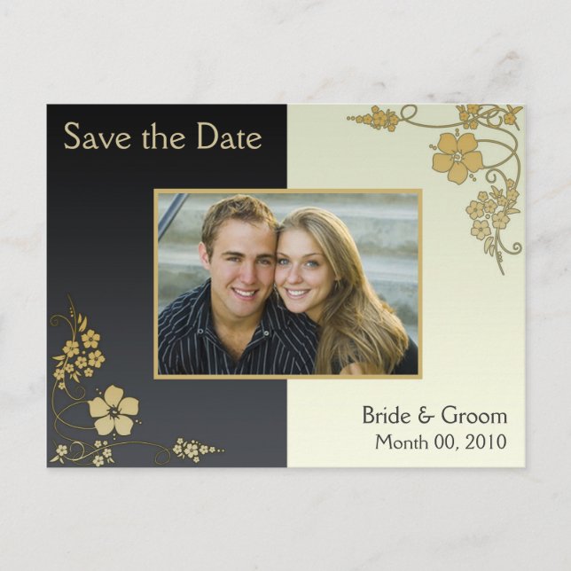 Black and Gold Floral Save the Date Photo Postcard (Front)