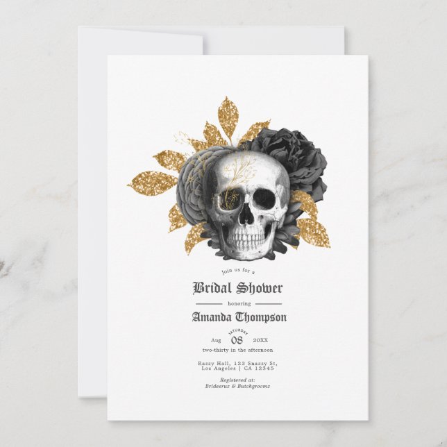 Black and Gold Floral Skull Gothic Bridal Shower Invitation (Front)