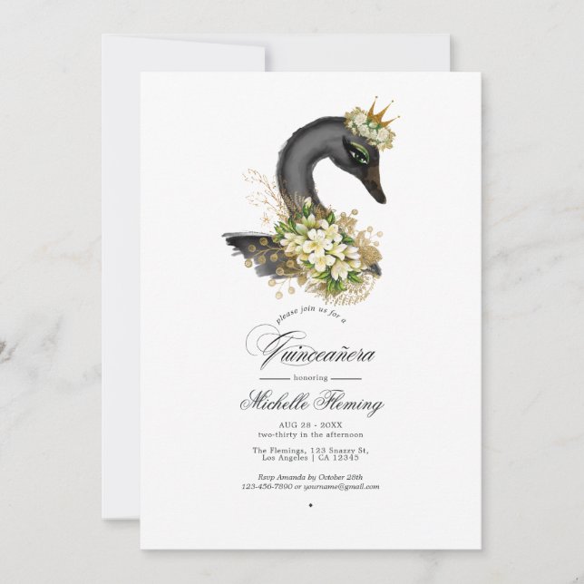 Black and Gold Floral Swan Quinceañera Photo Invitation (Front)