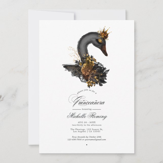 Black and Gold Floral Swan Quinceañera Photo Invitation (Front)