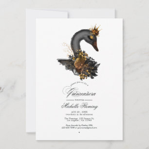 Black and Gold Floral Swan Quinceañera Photo Invitation