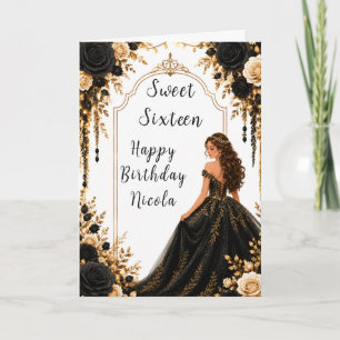 Black and Gold Floral Sweet Sixteen Party Card