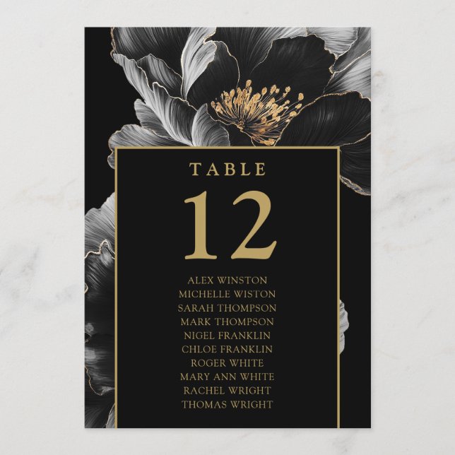 Black And Gold Floral Table Number Seating Chart (Front)