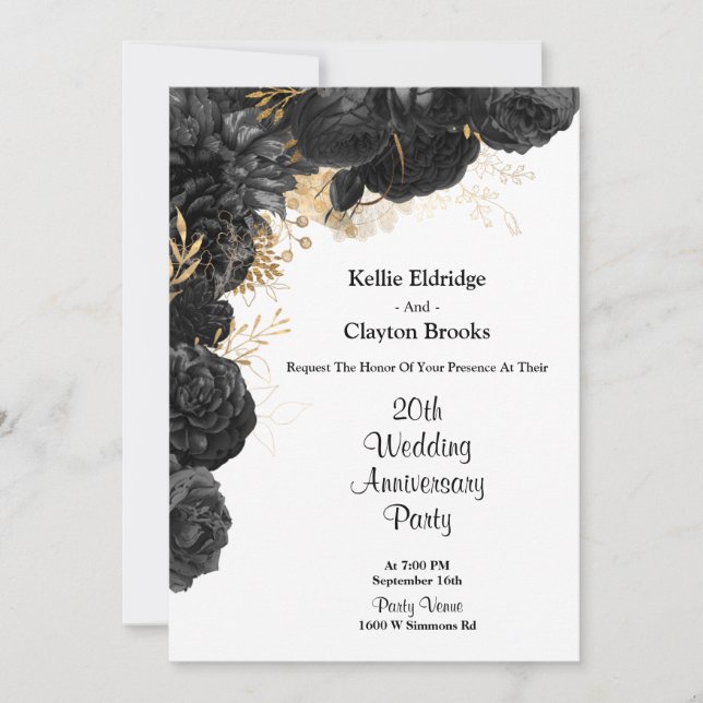 Black And Gold Floral Wedding Anniversary Party Invitation (Front)
