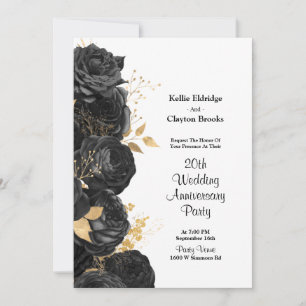 Black And Gold Floral Wedding Anniversary Party Invitation