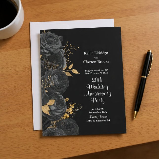 Black And Gold Floral Wedding Anniversary Party Invitation (Creator Uploaded)