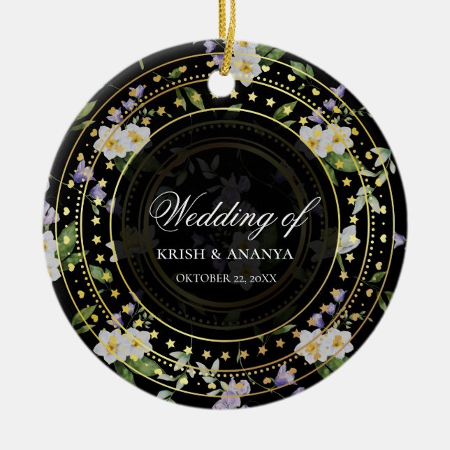 Black and Gold Floral, Wedding  Ceramic Ornament (Front)