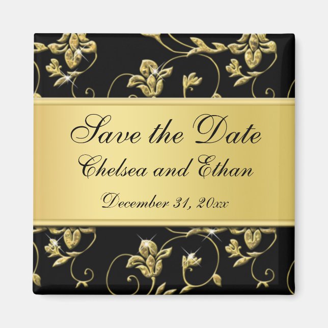 Black and Gold Floral Wedding Favor Magnet (Front)