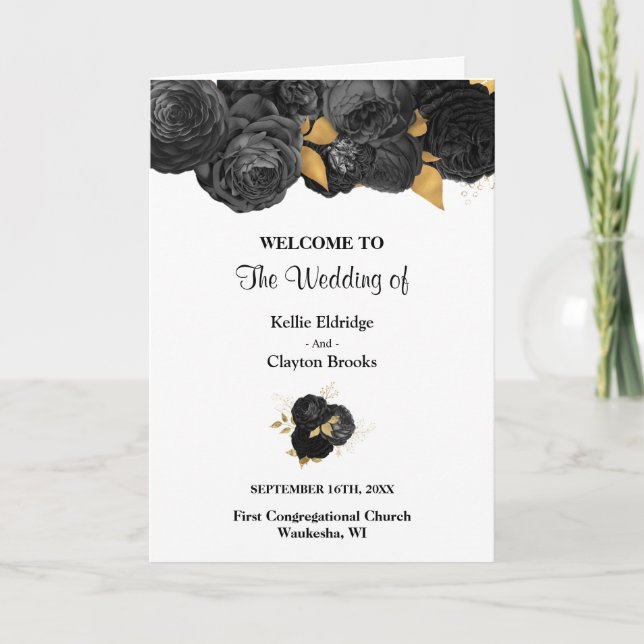 Black And Gold Floral Wedding Folded Program (Front)