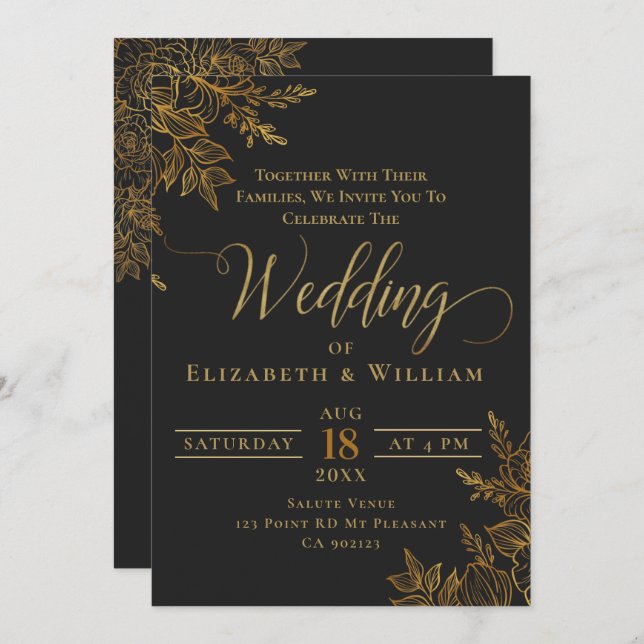 Black and Gold floral wedding Invitation (Front/Back)
