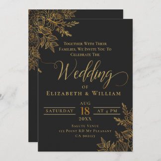 Black and Gold floral wedding Invitation