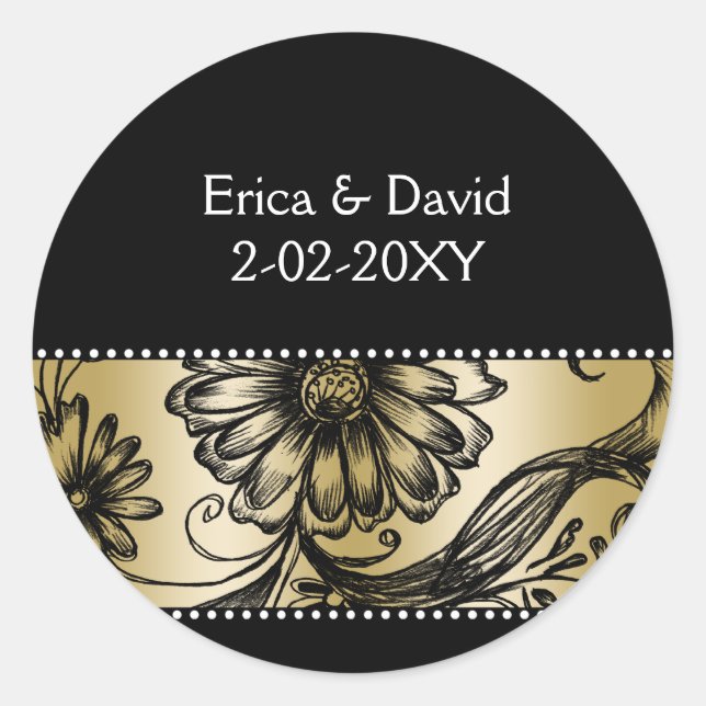 Black and Gold floral wedding invitations Classic Round Sticker (Front)