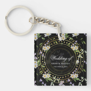 Black and Gold Floral, Wedding Key Ring
