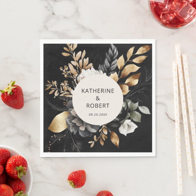 Black and Gold Floral Wedding Paper Napkin (Insitu)