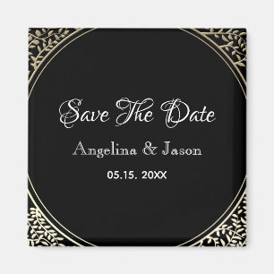 Black and Gold Floral Wedding Save The Date Magnet
