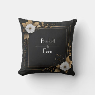 Black and Gold Floral with White Flowers Wedding  Cushion