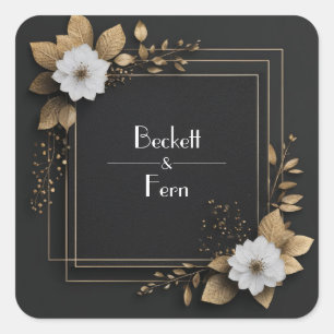 Black and Gold Floral with White Flowers Wedding  Square Sticker