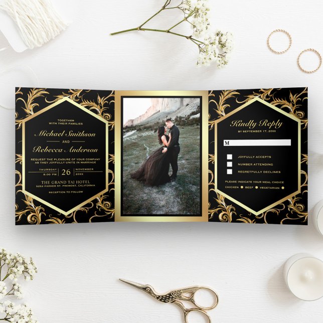Black and Gold Flourish Swirl Wedding Photo Tri-Fold Invitation (Creator Uploaded)
