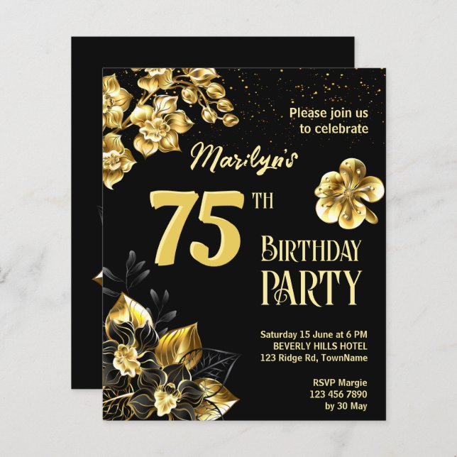 Black and gold flowers birthday budget invite (Front/Back)