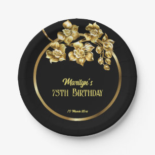 Black and gold flowers birthday party personalised paper plate