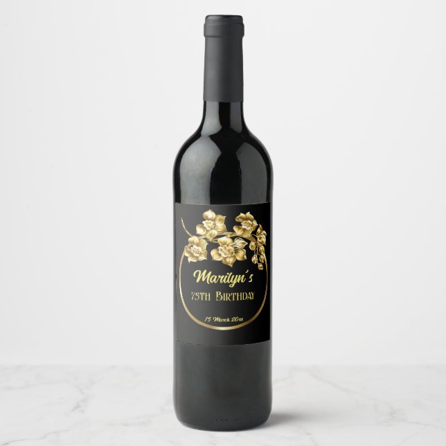 Black and gold flowers birthday party personalised wine label (Front)