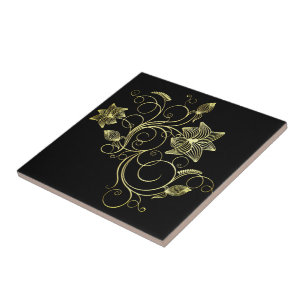 Black and Gold Flowers Ceramic Tile - Choose Colou