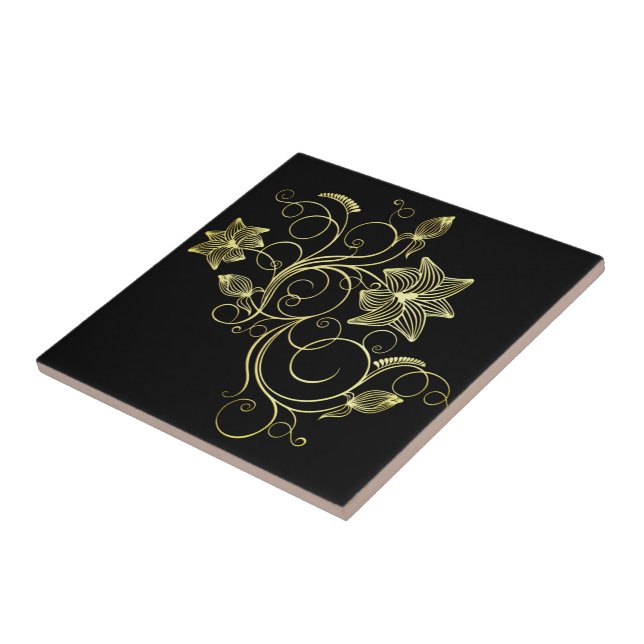 Black and Gold Flowers Ceramic Tile - Choose Colou (Side)