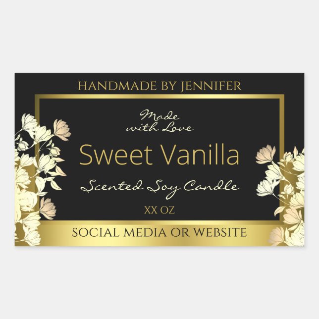Black and Gold Flowers Product Packaging Labels (Front)