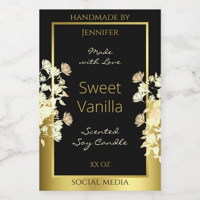 Black and Gold Flowers Product Packaging Labels (Single Label)