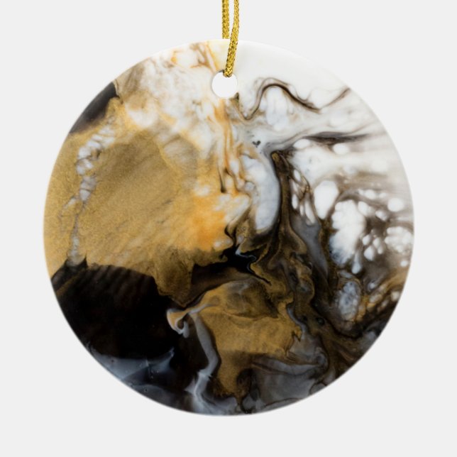 Black and Gold Fluid Marble Art Ceramic Ornament (Front)