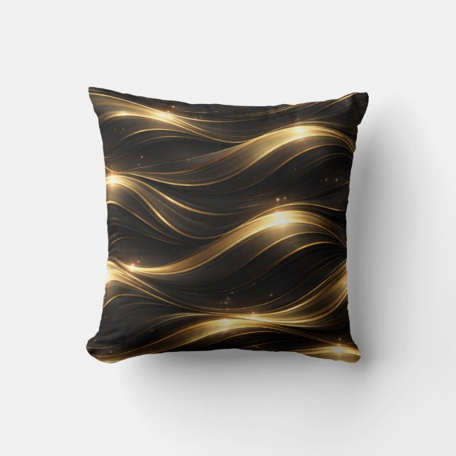 Black and Gold Fluid Wave Pattern Throw Pillow (Front)