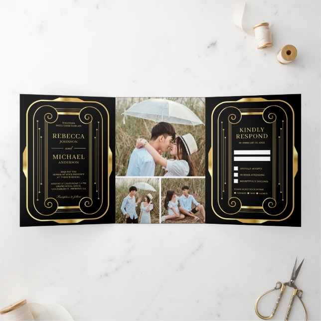 Black and Gold Foil Art Deco Photo Collage Wedding Tri-Fold Invitation (Inside)