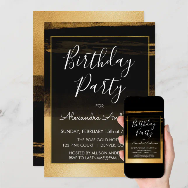 Black and Gold Foil Brush Stroke Any Age Birthday Invitation | Zazzle