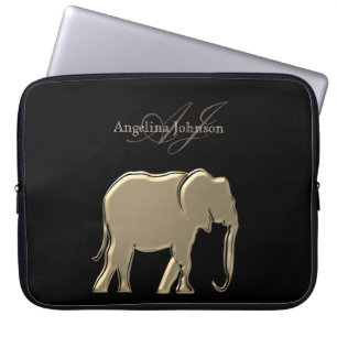 Black and Gold Foil Elephant Elegant Monogrammed Laptop Sleeve