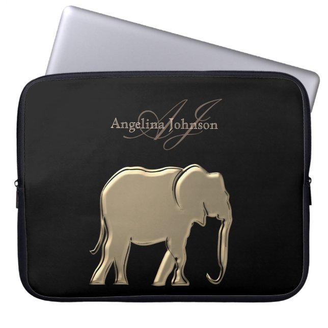 Black and Gold Foil Elephant Elegant Monogrammed Laptop Sleeve (Front)