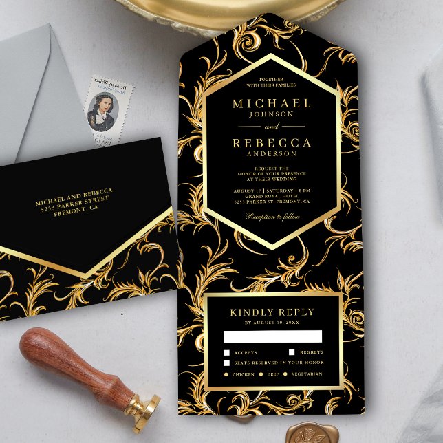 Black and Gold Foil Flourish Swirl Wedding All In One Invitation (Creator Uploaded)