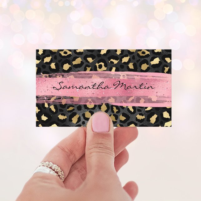 Black and Gold Foil Leopard Pink Brush Stroke Business Card (Black and Gold Foil Leopard Pink Brush Stroke Business Card)