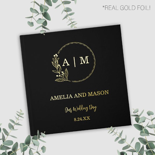 Black and Gold Foil Monogram Wedding Guestbook (Black and gold real foil with floral monogram simple modern elegant)