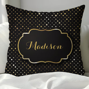Black and Gold Foil Polka Dot Confetti Monogram Cushion