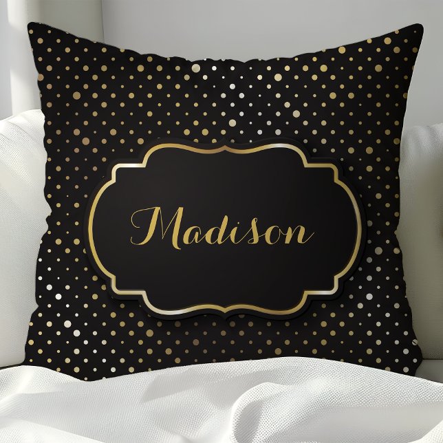 Black and Gold Foil Polka Dot Confetti Monogram Cushion (Creator Uploaded)