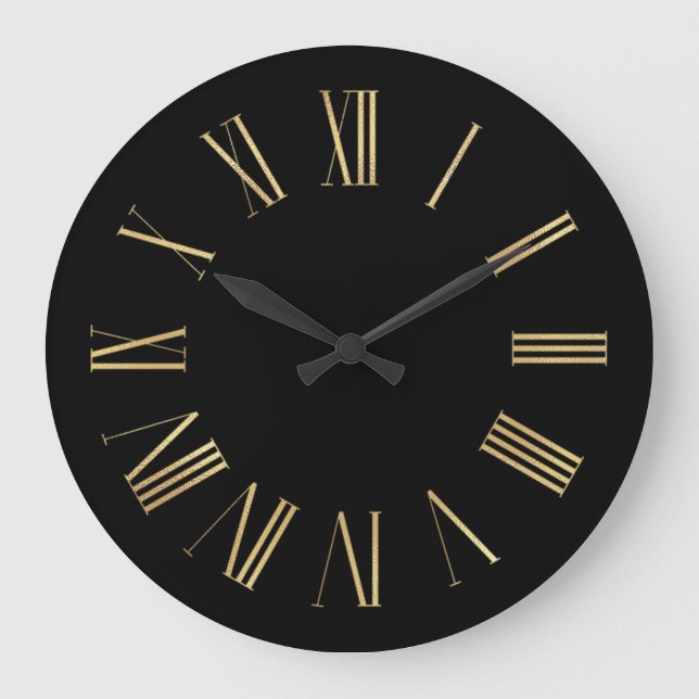 Black and Gold Foil Roman Numerals Large Clock (Front)