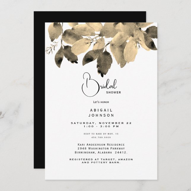 Black and Gold Foliage Bridal Shower  Invitation (Front/Back)