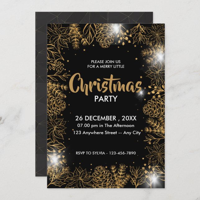 Black And Gold Foliage Merry Christmas Party Invitation (Front/Back)