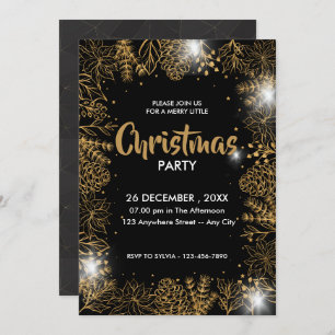 Black And Gold Foliage Merry Christmas Party Invitation