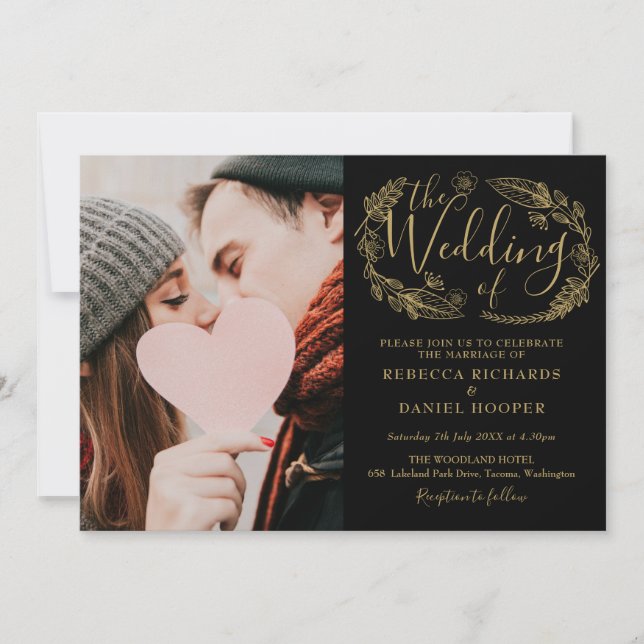 Black And Gold Foliage Script Wedding Photo Invitation (Front)