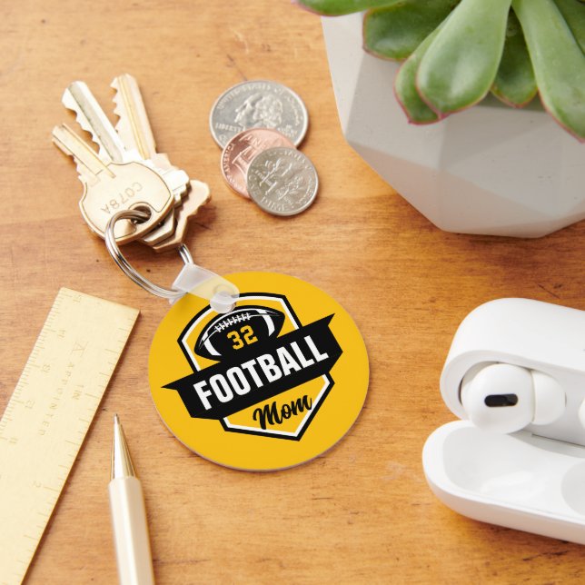 Black and Gold Football Mum Jersey Number Photo Key Ring (Desk)