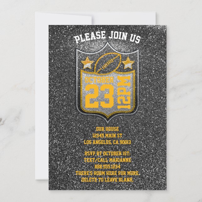 Black and Gold Football Team Colours Quarterback  Invitation (Back)