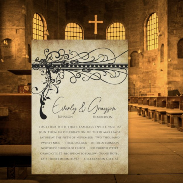 Black and Gold Funky Elegant Swirls Wedding Invite (Creator Uploaded)