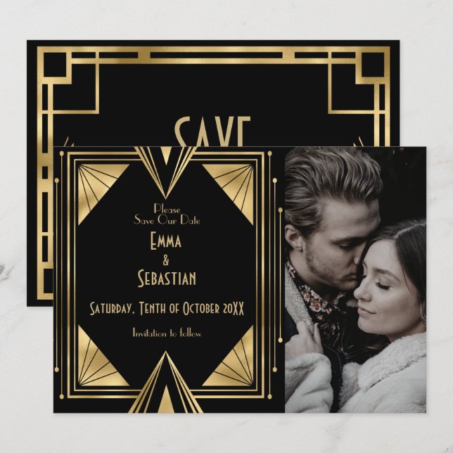 Black and Gold Gatsby Art Deco photo wedding  Save The Date (Front/Back)